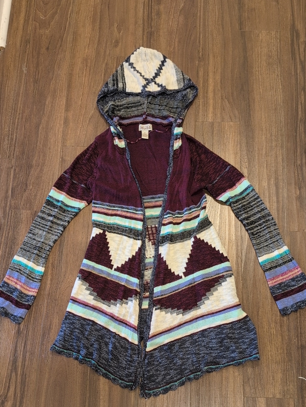 Mudd Hooded Aztec Open-Front Cardigan - Burgundy, Cream, Teal, Purple, Gray